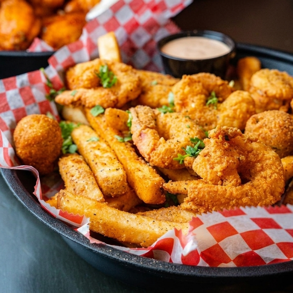 Basket of crispy fried shrimp, fish, fries, and hush puppies with dipping sauces on red-checkered paper.