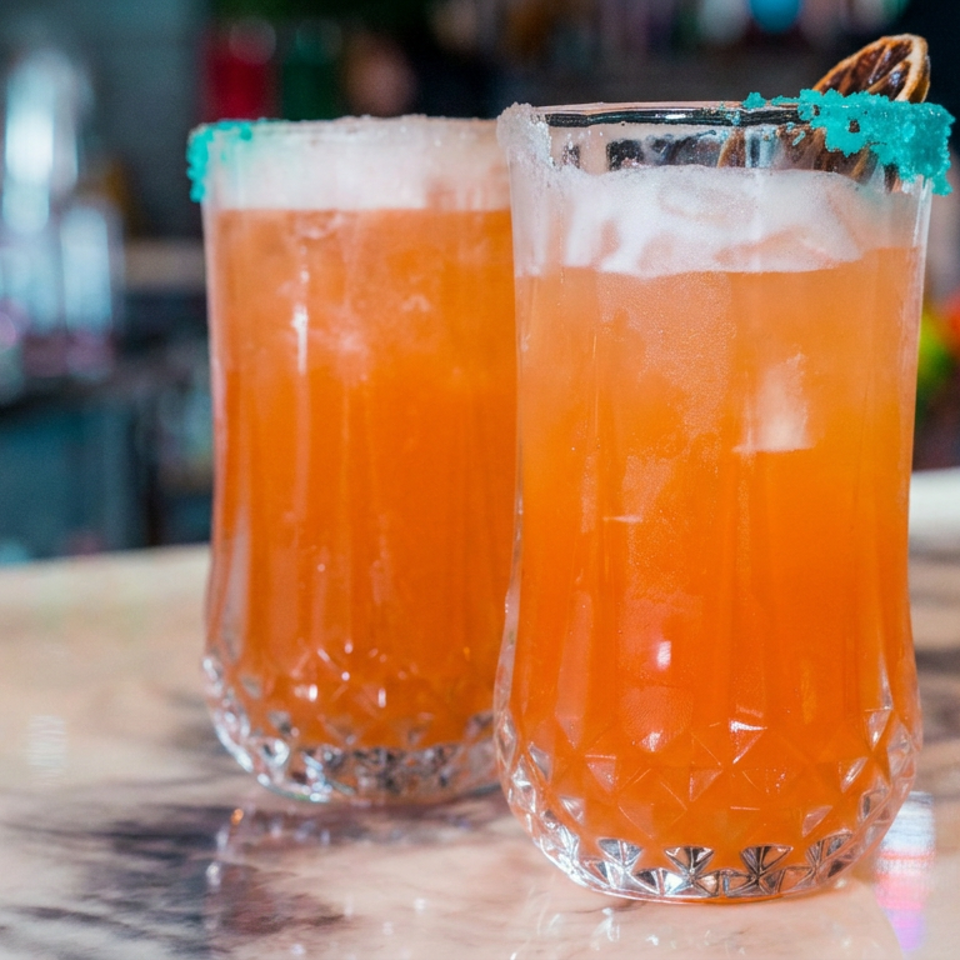 Two orange cocktails with turquoise sugar rims and citrus garnishes sit on a marble bar counter.