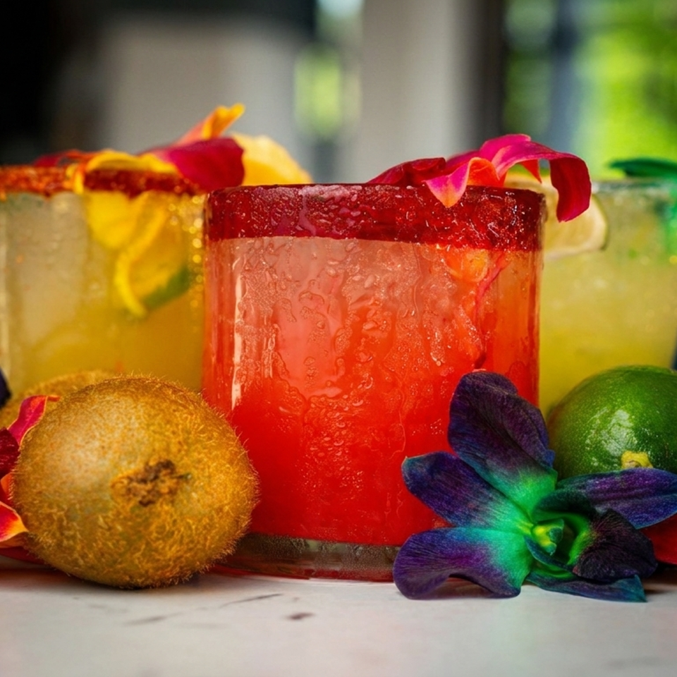 Three colorful fruit cocktails with chili-salt rims, citrus garnishes, edible flowers, and straws arranged on a restaurant table.