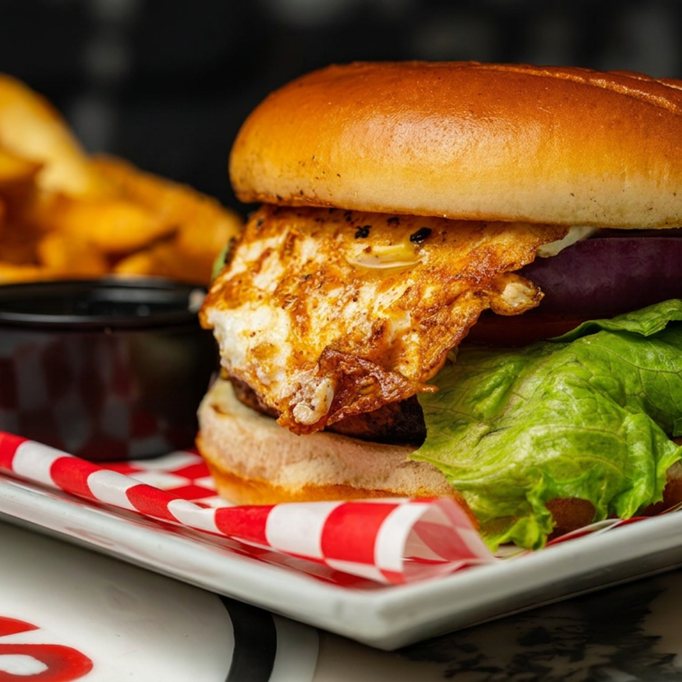 Grilled chicken sandwich with lettuce and red onion served alongside fries and dipping sauce on a checkered-lined tray.