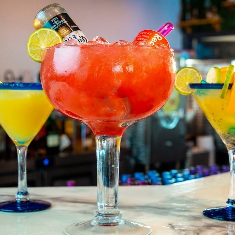 Three colorful cocktails sit on a bar, featuring a red margarita with lime and miniature liquor bottles alongside yellow citrus drinks.