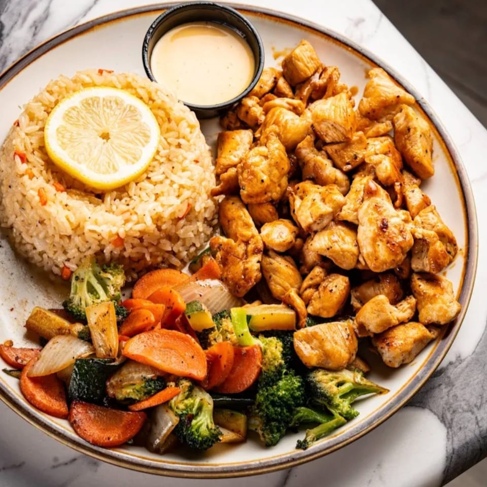 Chicken teriyaki with fried rice, mixed vegetables, and a side of sauce on a white plate.