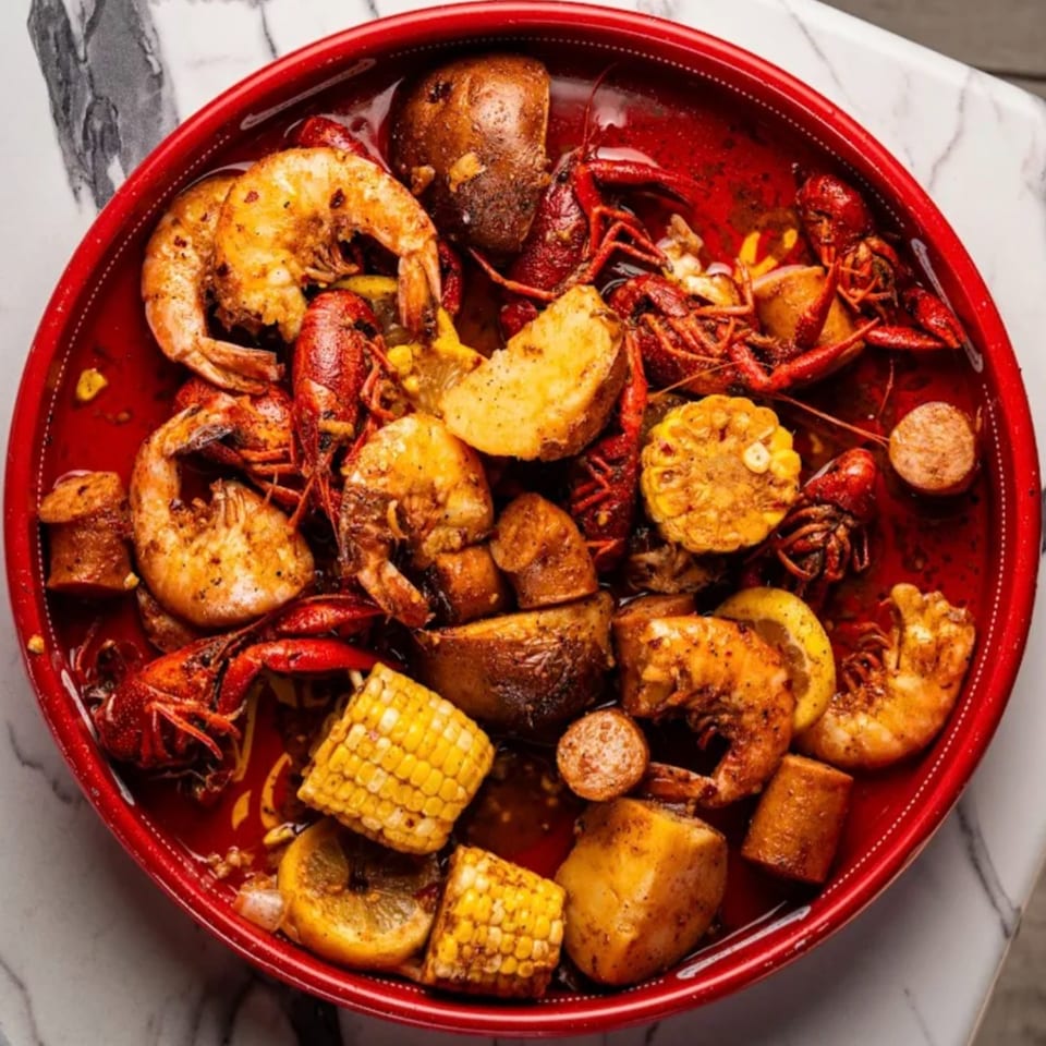 A vibrant red bowl filled with a seafood boil of shrimp, crawfish, corn, potatoes, and sausage.